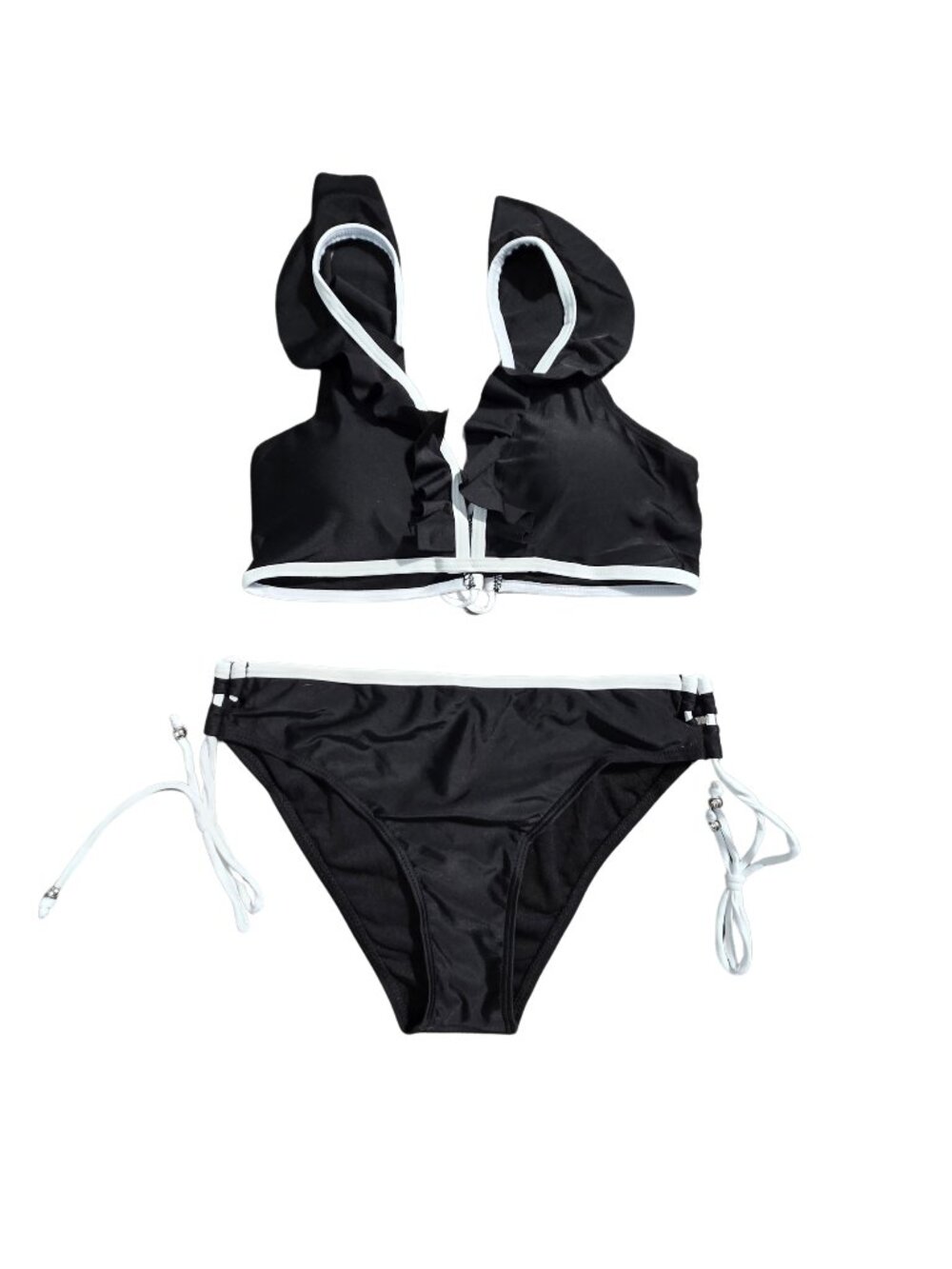 NWOT | Black & White Contrast Ruffle Trim V-Neck Bikini Set Side Tie Bottoms | M